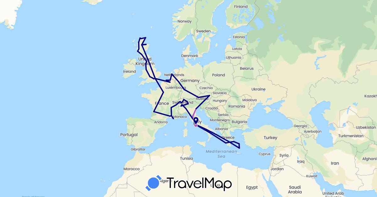 TravelMap itinerary: driving, train in Austria, Belgium, Switzerland, Germany, France, United Kingdom, Greece, Italy, Netherlands (Europe)